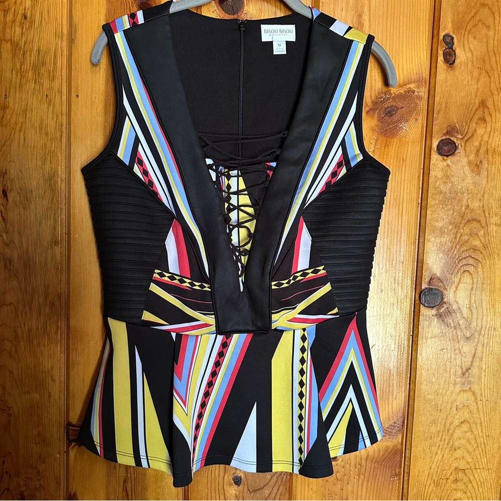 Bisou Bisou Colorful Geometric Peplum Top